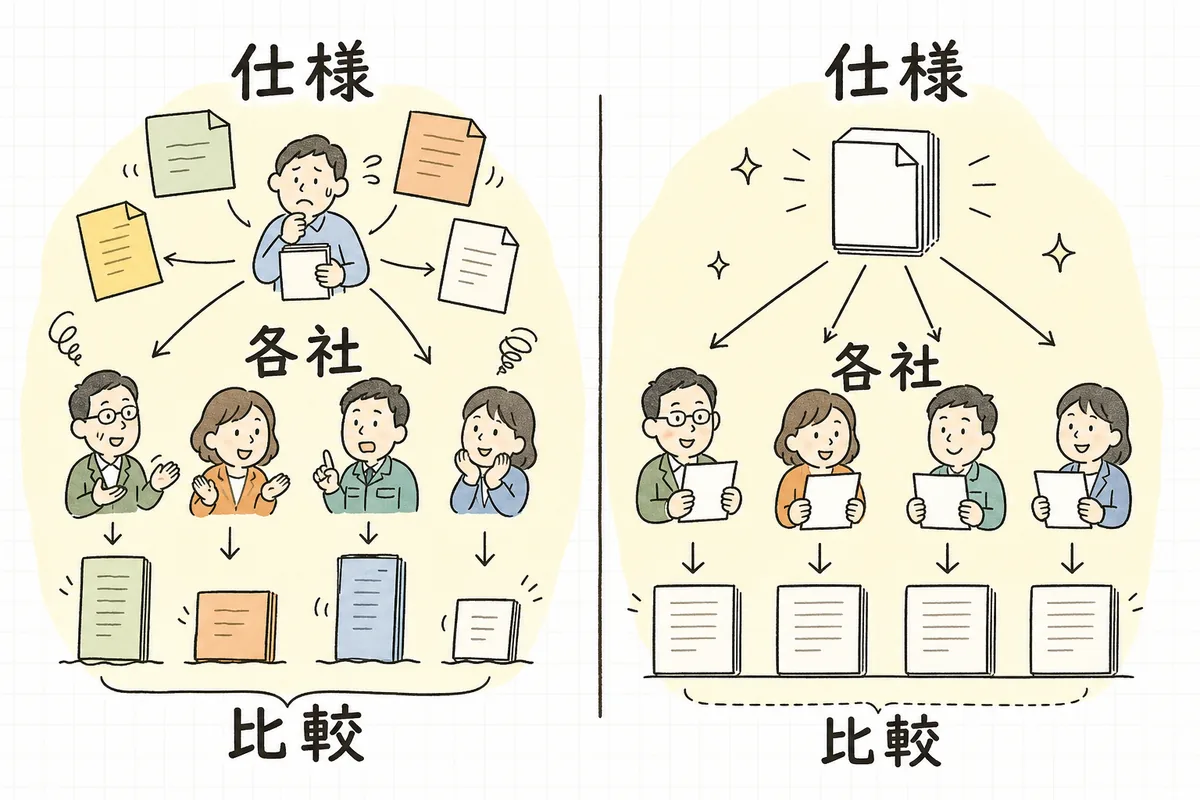 各社に同じ発注仕様を渡すことで、返ってくる見積の前提が揃い比較できるようになることを示した概念図