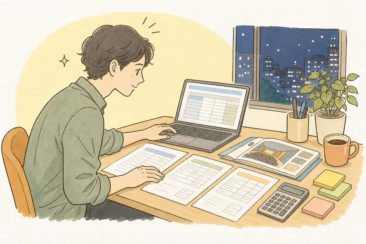 夜のオフィスで、複数の協力会社から届いた見積書を机に並べ、項目を見比べているイベント制作ディレクターの横顔と手元