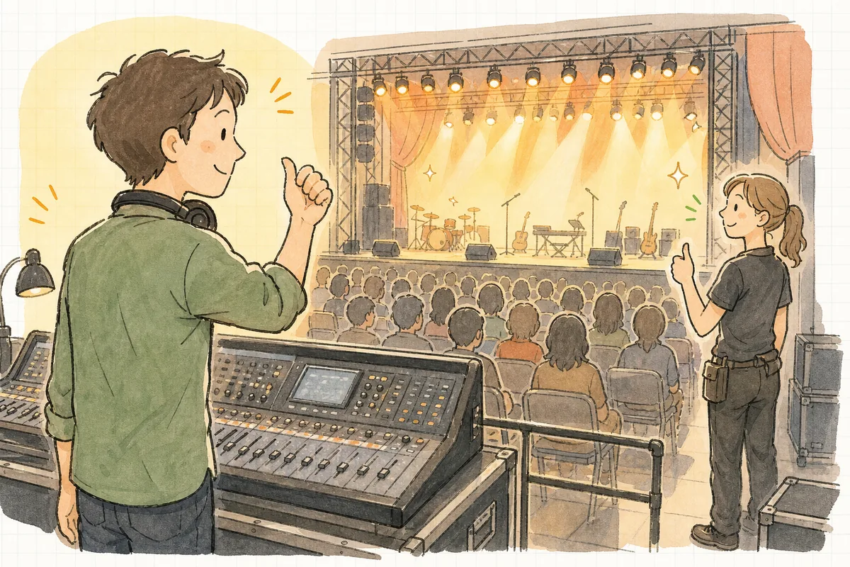 開演直前のイベント会場で、音響卓のディレクターとステージ上のスタッフが目を合わせて合図を交わし、これから音楽が鳴り出す場面
