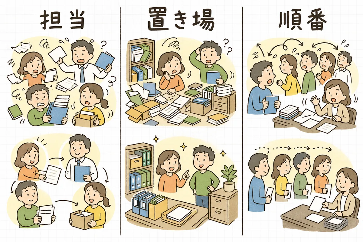 転換が長引く3つの原因(担当が決まっていない・置き場が決まっていない・順番が決まっていない)を並べた横長の図