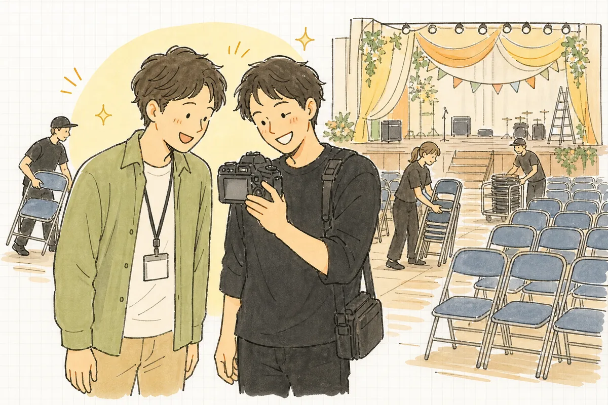 イベント終了後の会場で、制作ディレクターとカメラマンが並んでカメラの背面モニターをのぞき込み、撮れた写真を確かめながら笑顔で話している様子