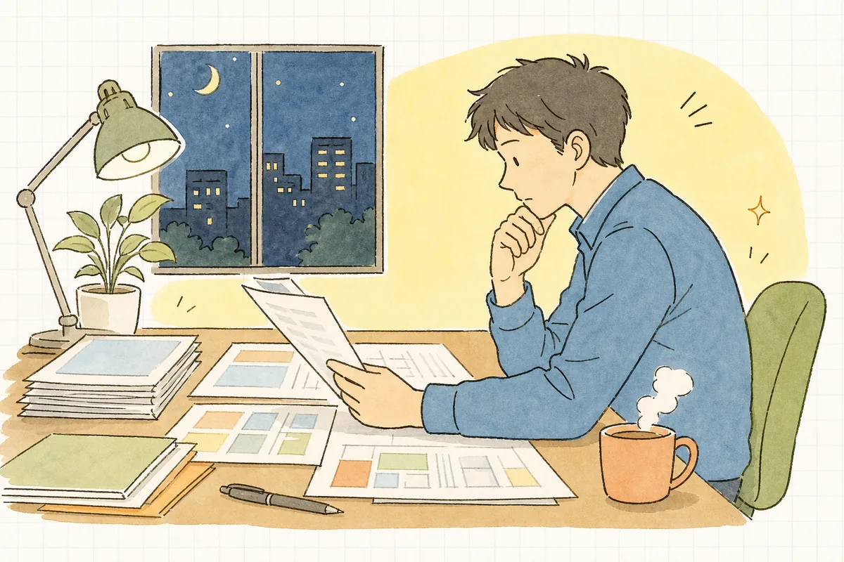 開催が危ぶまれるイベントの資料を前に、キャンセル時の費用をどう扱うか静かに考えるイベント制作ディレクターの横顔と手元