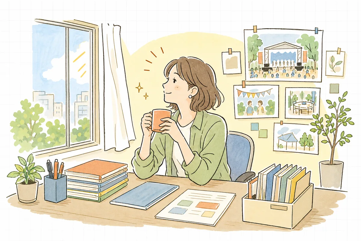 中止の精算を無事に閉じ、片付いた机で穏やかに一息つき、次の案件へ気持ちを向けるイベント制作ディレクターの表情