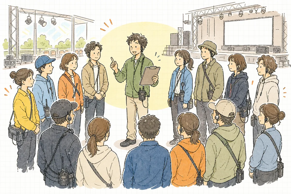 開場前のイベント会場で、集まったスタッフを前に香盤表を手に当日朝礼(安全ミーティング)を進めるイベント制作ディレクター