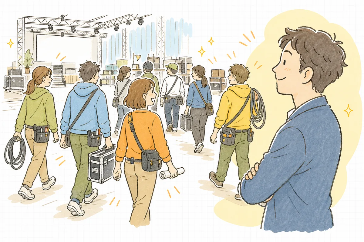 朝礼を終えて、それぞれの持ち場へ散っていくスタッフたちと、見送るイベント制作ディレクターの前向きな朝の情景