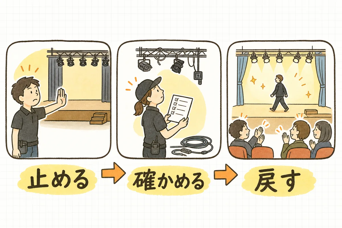 中断から再開までを「止める」「確かめる」「戻す」の3段階で横に並べた図