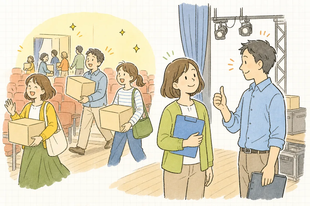 抽選会を終えたステージ袖で、景品を手にした来場者の笑顔を見送りながら、スタッフ同士が穏やかにうなずき合っている様子