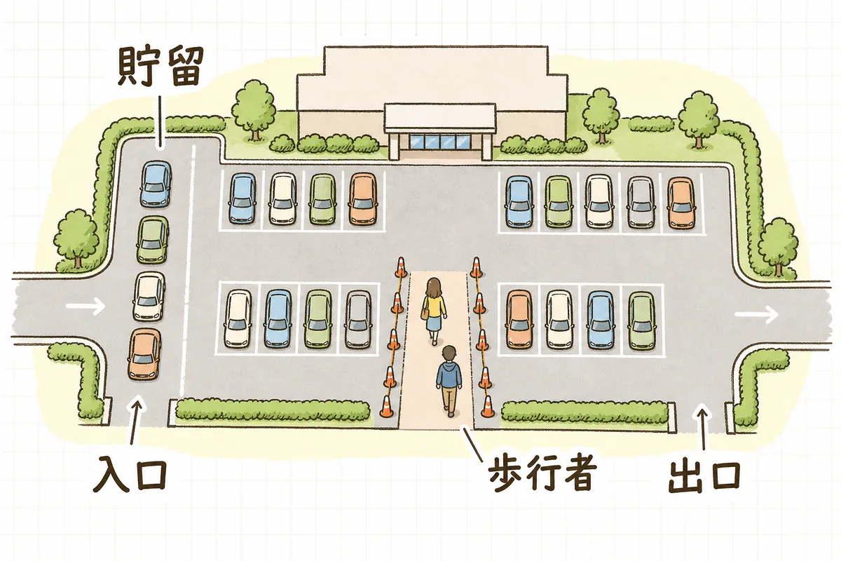 会場入口で車を敷地内に貯留し、歩行者の通路を車の動線から分けた駐車場レイアウトの概念図