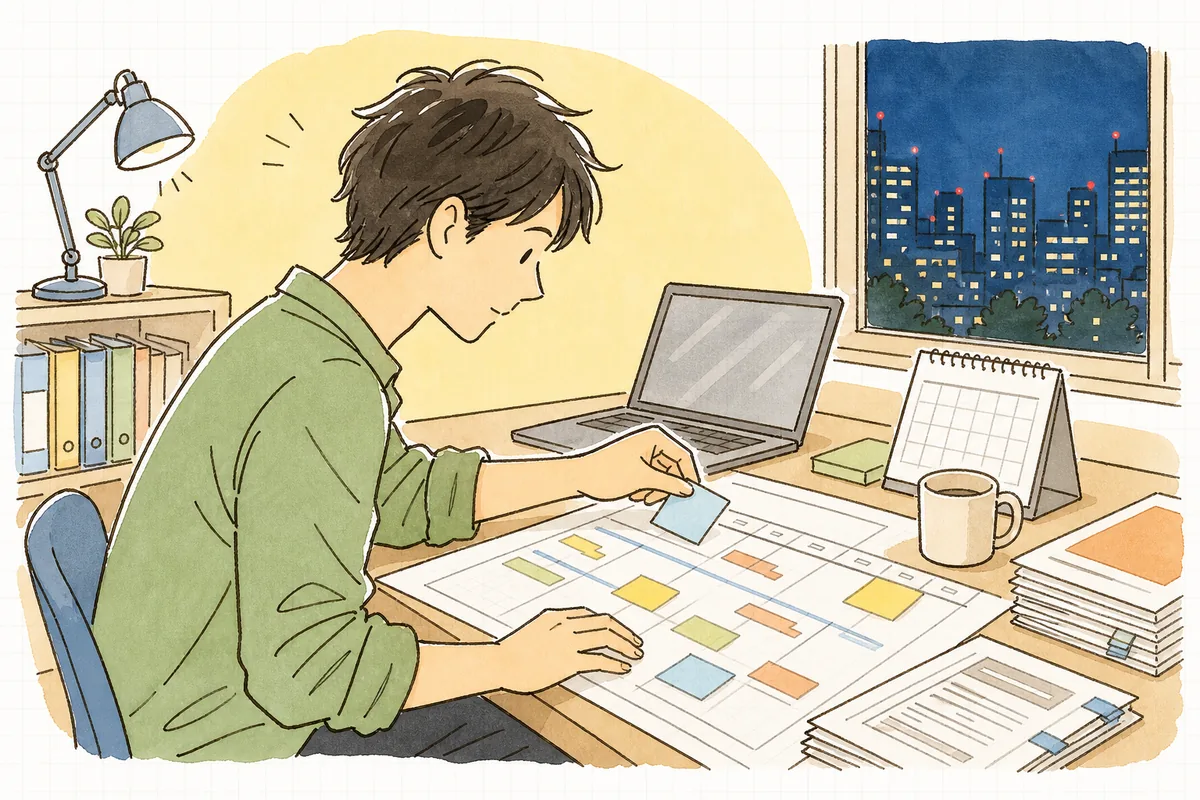 深夜のオフィスで、コンペ提案書のスケジュールページを机に広げ、付箋を貼りながら工程を組み立てるイベント制作ディレクターの手元と横顔