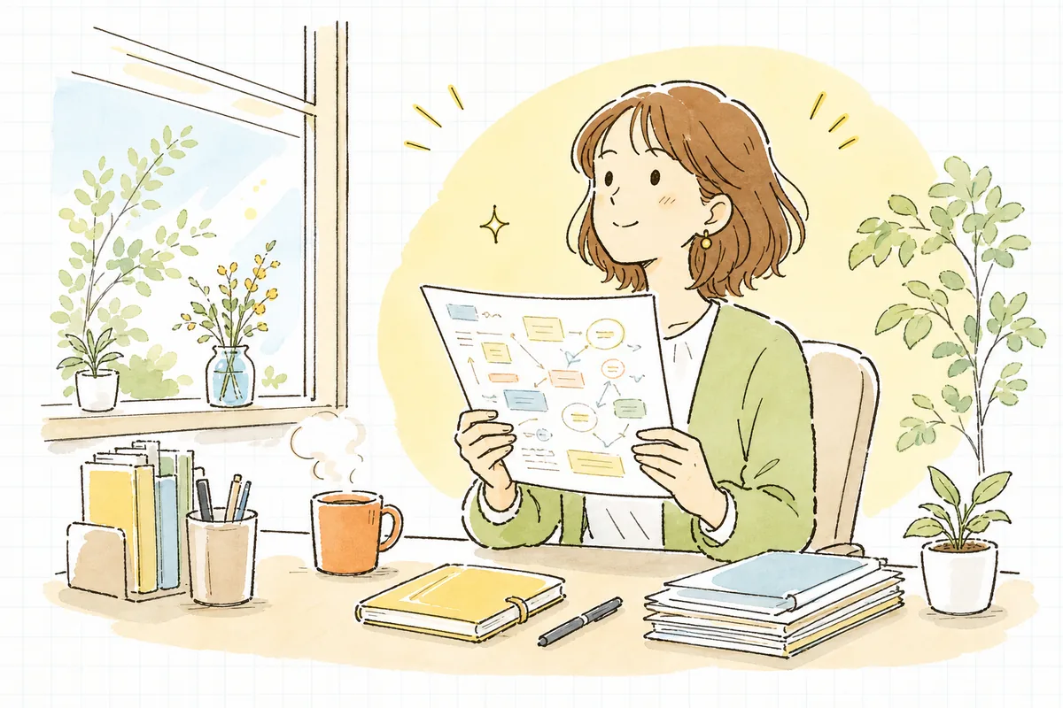 KPIを書き込んだ企画メモを手に、窓辺の明るい光の中で穏やかに前を向くイベント制作ディレクターの表情