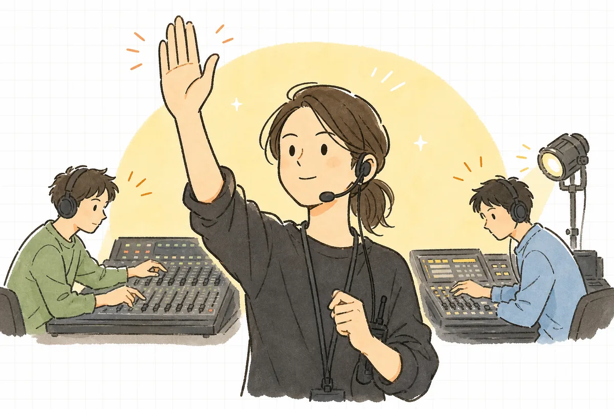 進行担当が手を上げて合図を出し、それを受けて音響と照明のスタッフが同時に操作卓に手をかける、キュー出しの瞬間を表したイメージ