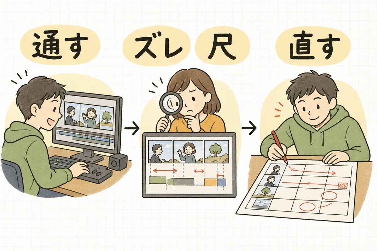 リハでキューのタイミング・尺・重なりを確認し、キューシートに赤字で直しを書き戻していく流れを示した横長の図