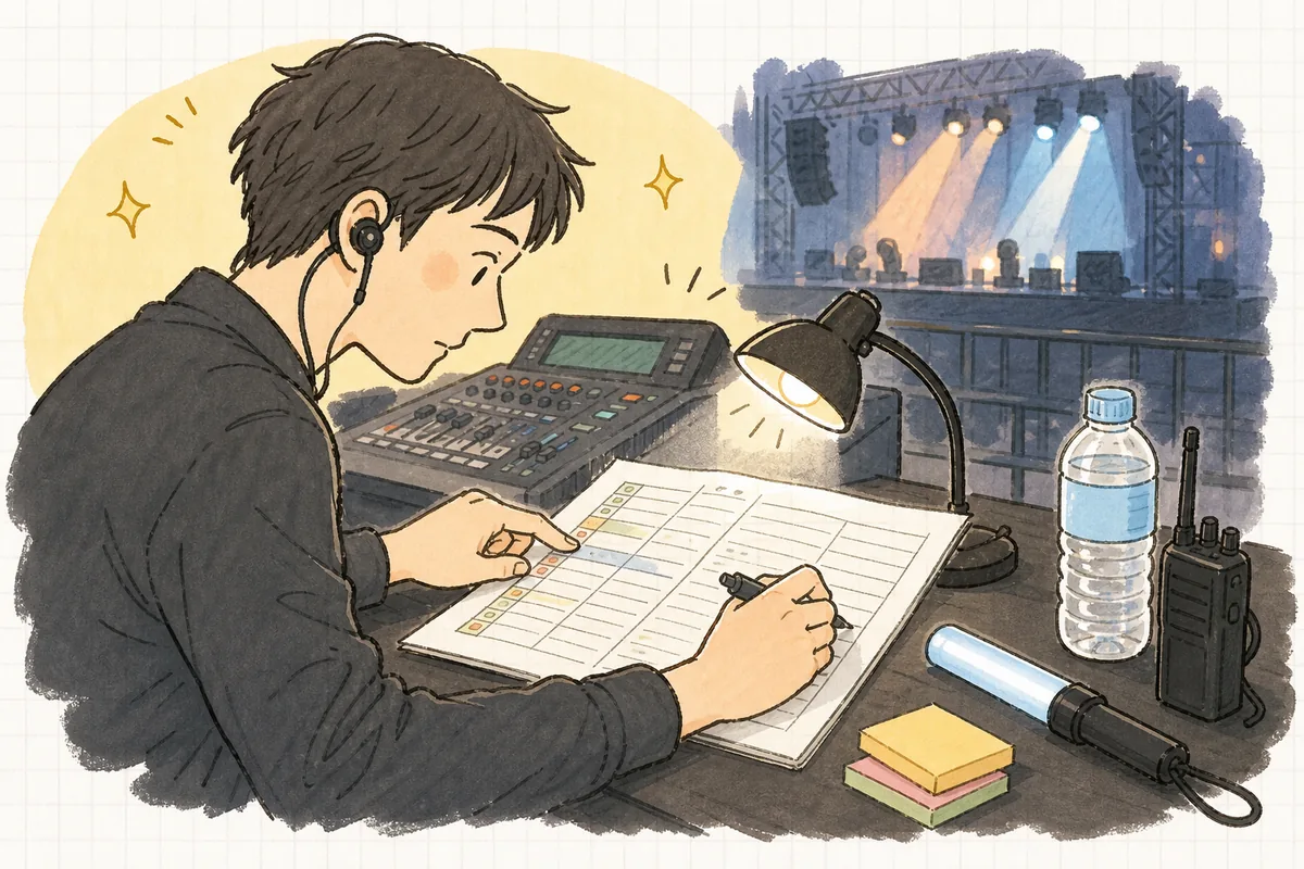 卓の前でキューシートを広げ、音響・照明・映像のきっかけを1行ずつ確認しながらペンで番号を振っているイベント制作ディレクターの手元と横顔