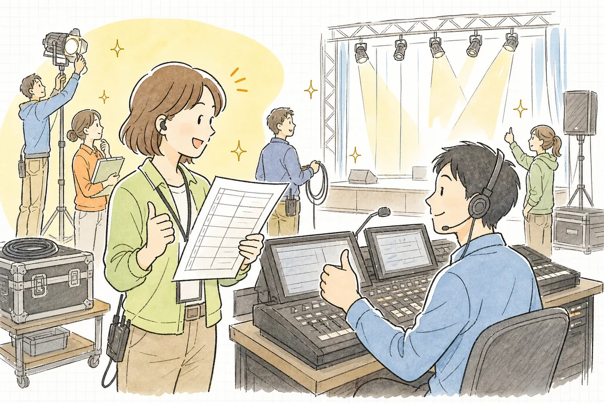 本番前の会場でキューシートを手に、卓のオペレーターと目を合わせて小さくうなずき合うイベント制作ディレクター
