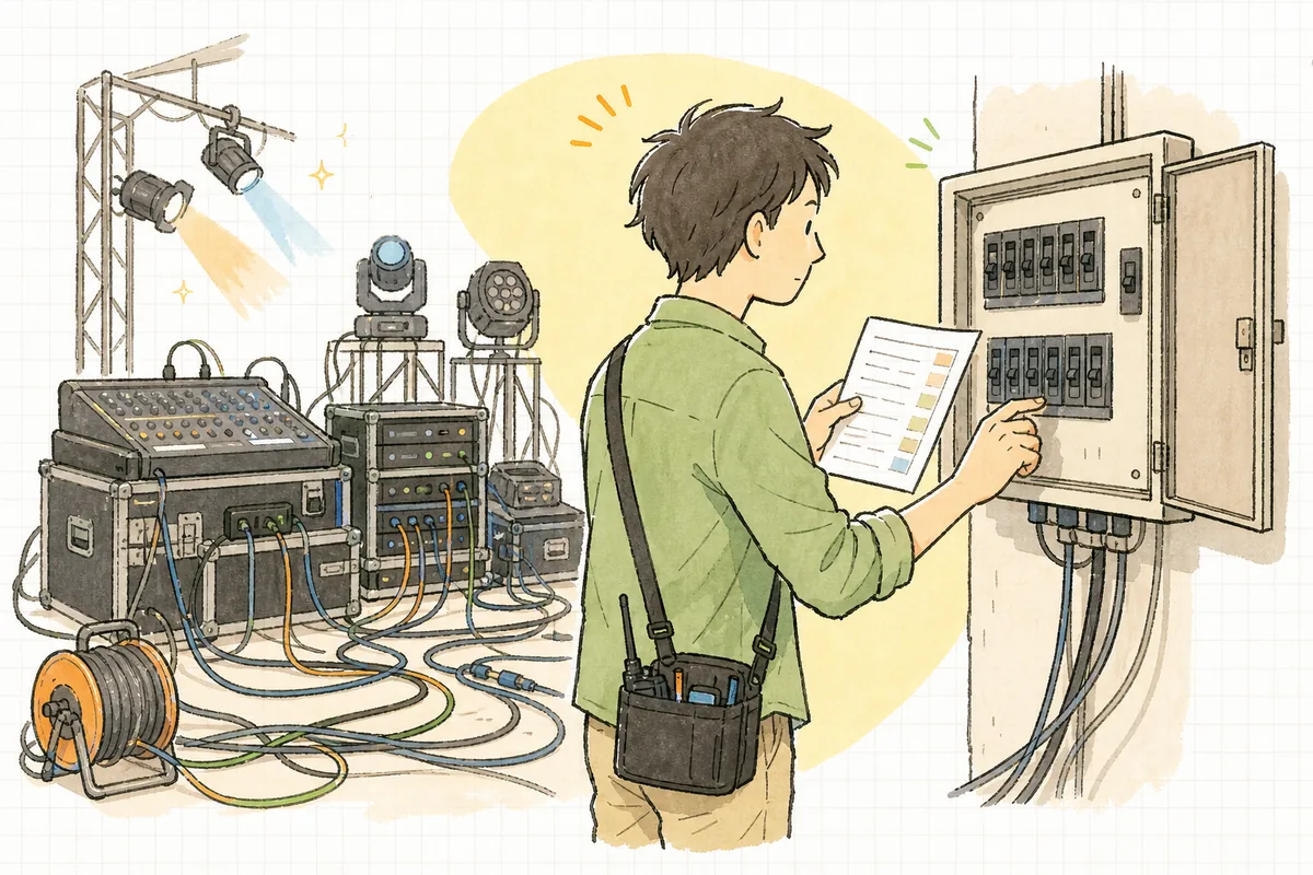 イベント会場の分電盤の前で消費電力のメモを片手に回路を確認するイベント制作ディレクター