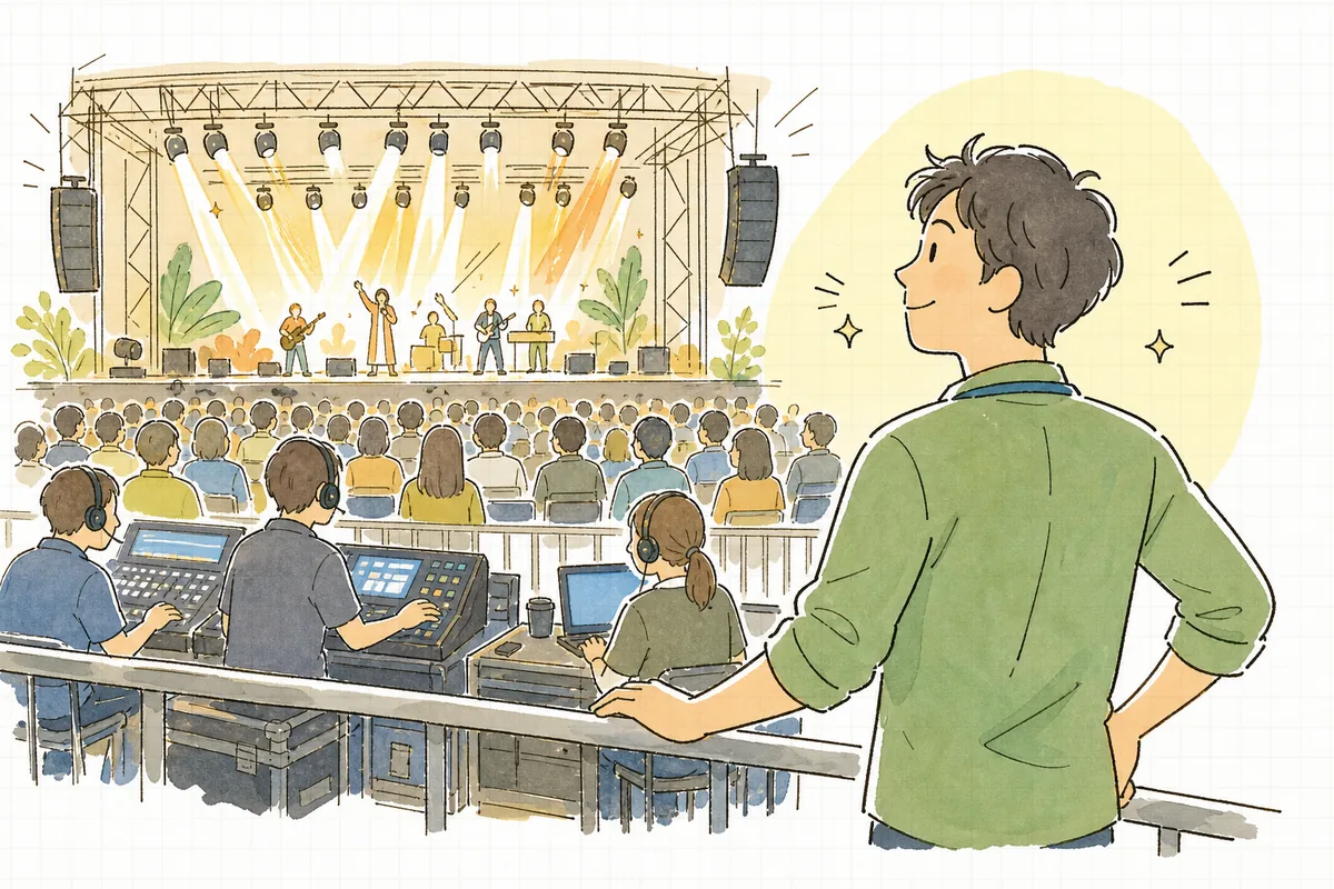 本番中、静かに動き続ける音響と照明を客席後方から見守る安堵の表情のイベント制作ディレクター