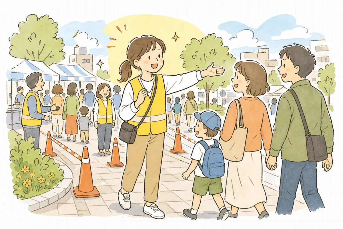 許可を得て無事に開催された街頭イベントで、誘導しながら来場者を笑顔で迎えるスタッフたちの穏やかな情景