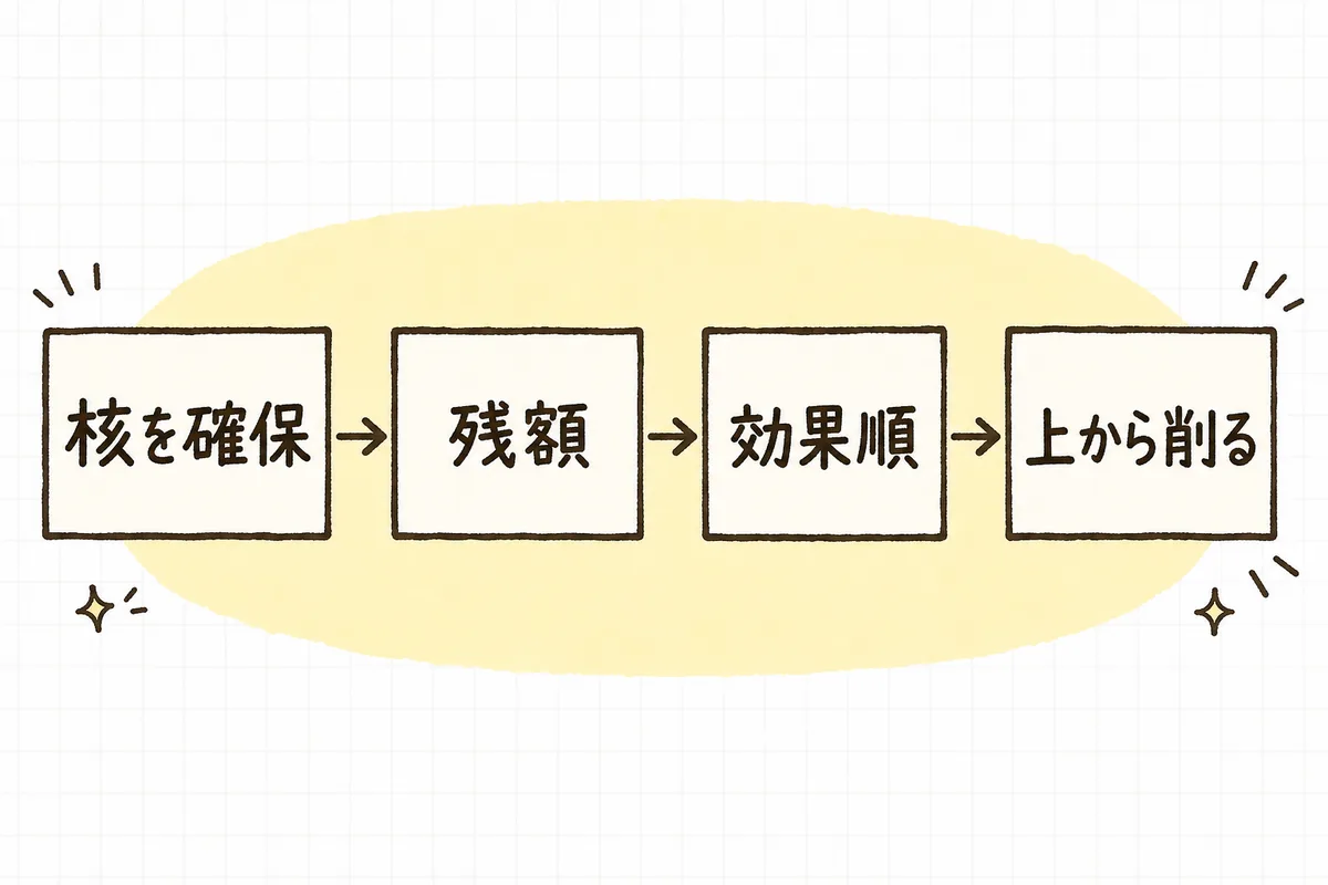 核に予算を確保し、残額を出し、第2層を効果順に足し、はみ出たら上から削る4ステップの流れを示した横長の図