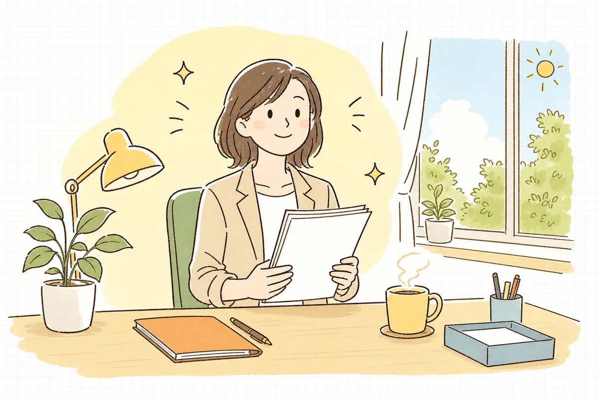保険の確認を終えて書類を整え、窓の外の朝の光のなかで小さくひと息つき前を向くイベント制作ディレクターの穏やかな表情