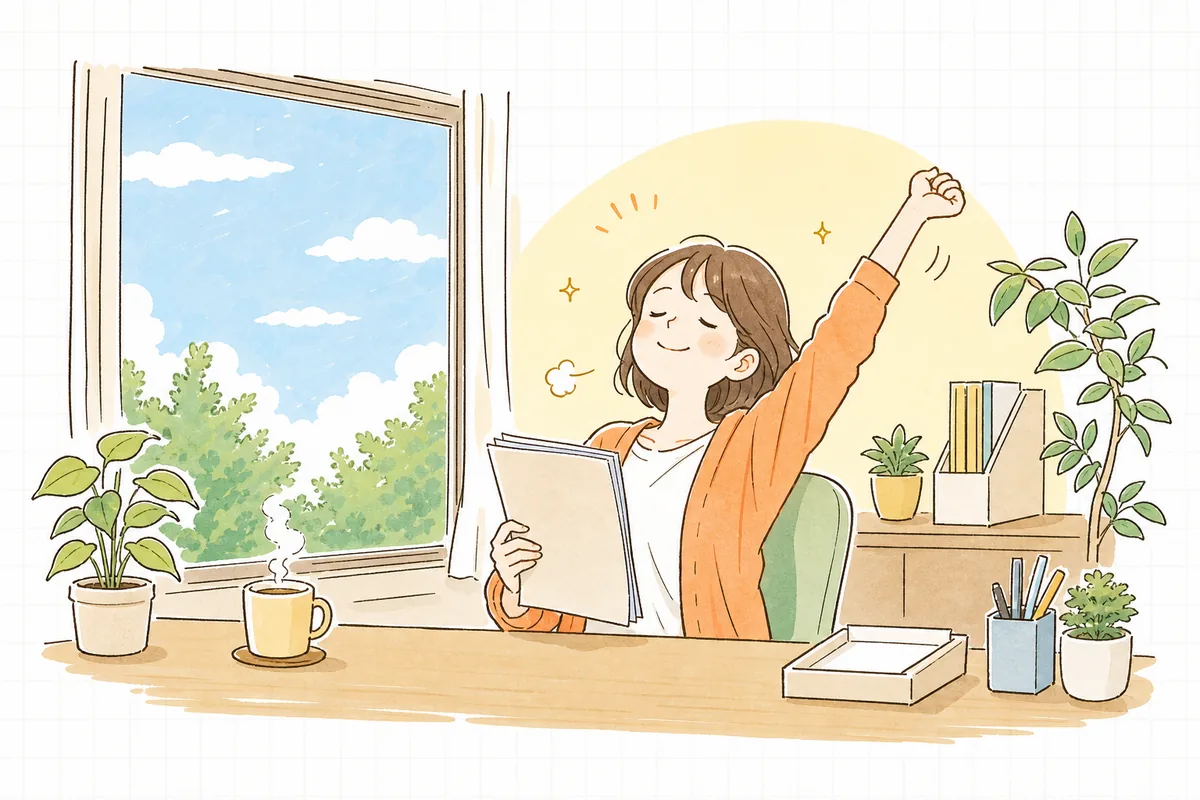 実行見積を組み終え、確定した資料を手に窓辺で前を向いてひと息つく制作ディレクターの穏やかな表情