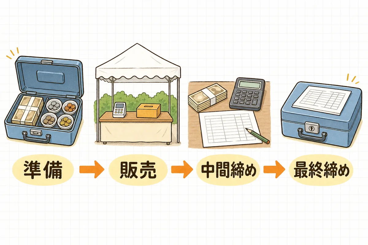 準備・販売・中間締め・最終締めの4段階で当日の現金が流れていくことを示した概念図