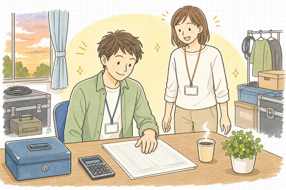 明るい会場のバックヤードで、集計を終えた用紙を手に同僚と笑顔で言葉を交わしているイベント制作ディレクター