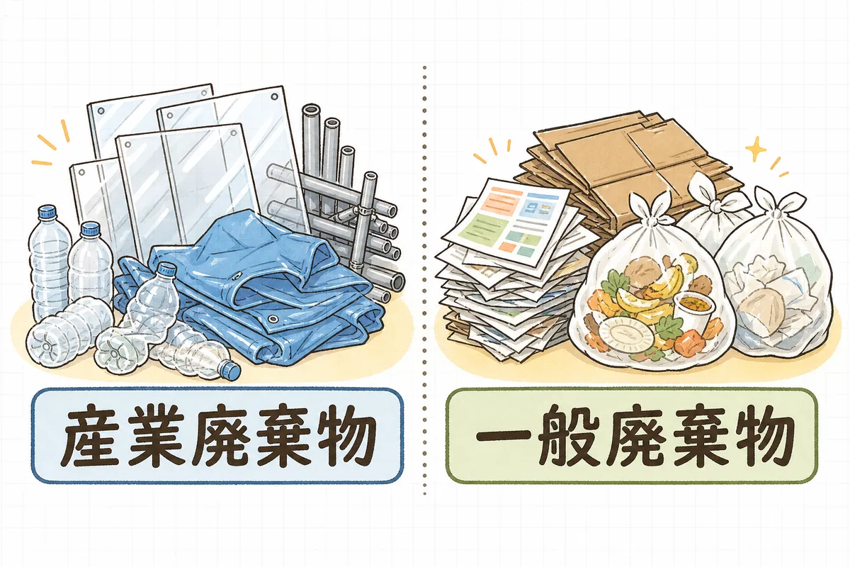 イベントで出る廃棄物が産業廃棄物と事業系一般廃棄物の2つに分かれることを示した対比図
