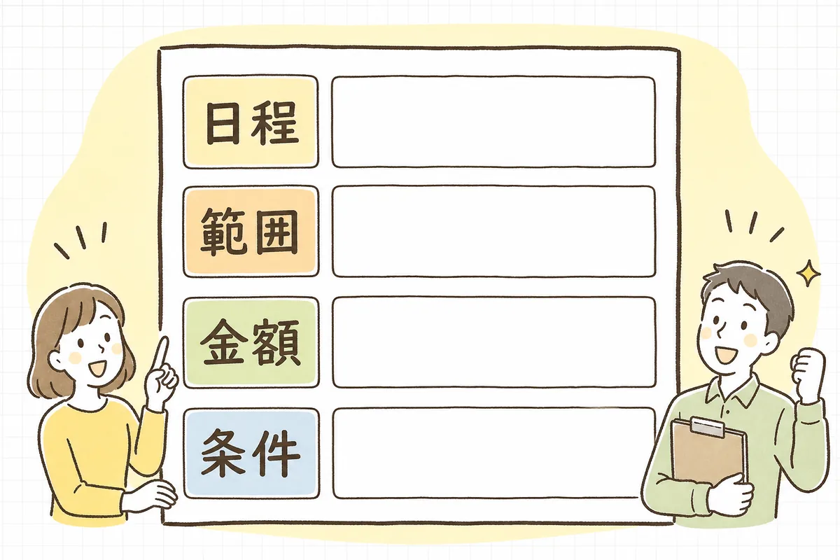 イベントの発注書に最低限入れておきたい要素（相手・日程・場所・作業範囲・金額・支払条件・キャンセル条件）を一覧で示した確認用の概念図
