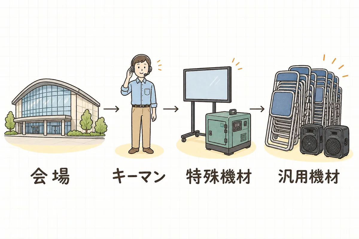 会場・キーマン・特殊機材・汎用機材の順に押さえることを左から右へ並べて示した図