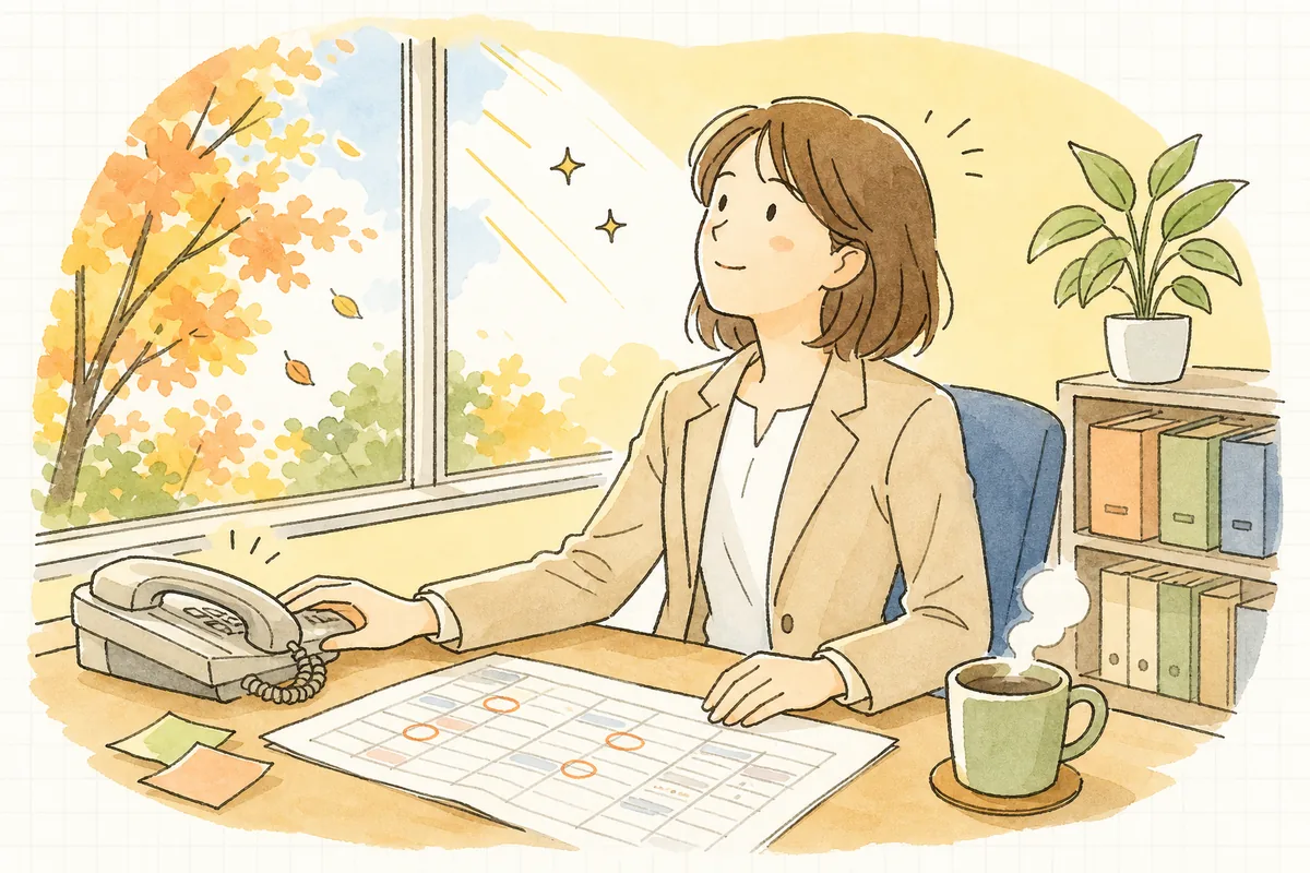 秋の朝のオフィスで、案件表に印をつけ終えて電話の受話器を置き、窓の光のほうを見て少しほっとした表情のイベント制作ディレクター