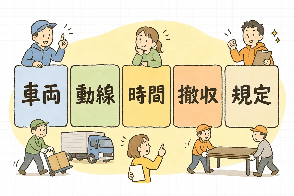 搬入出計画で決めるべき項目を車両・動線・時間配分・撤収・会場規定の5つの箱に分けて示した概念図