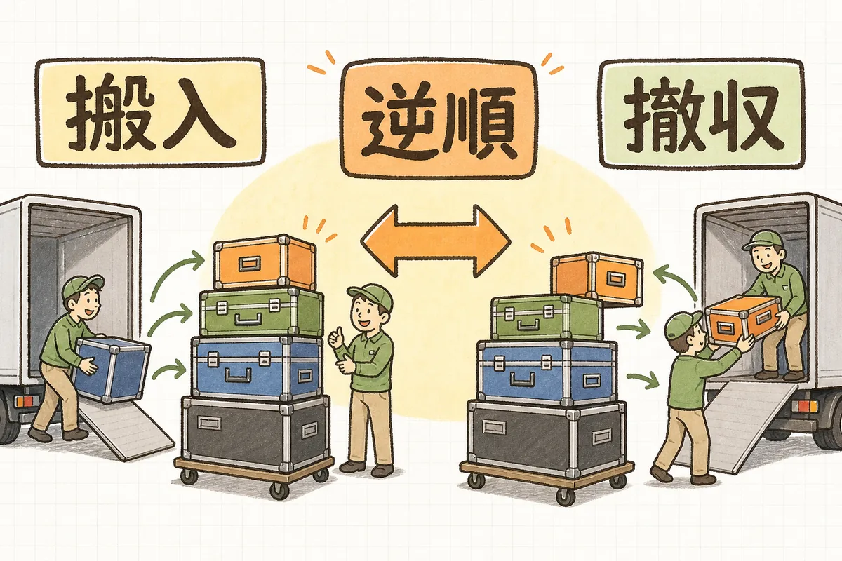 搬入で最初に入れた土台の機材を撤収では最後に出す、逆順の段取りを示した図