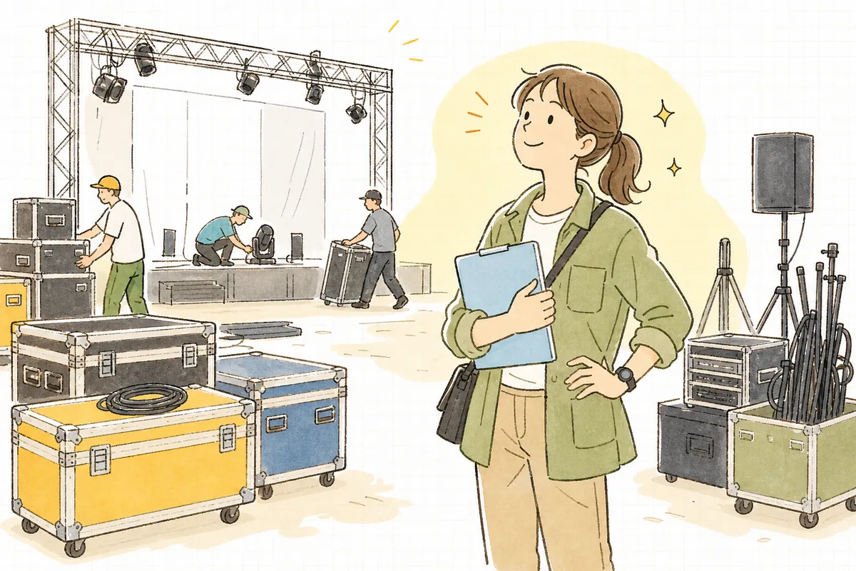 搬入を終えて静かな会場で、計画どおり整った機材を眺めながら一息つく制作ディレクターの穏やかな表情