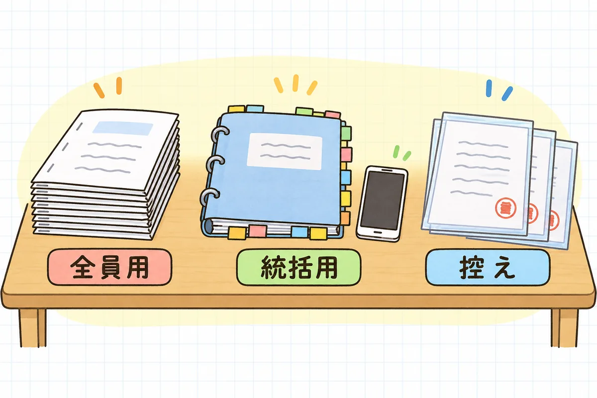 前日にまとめる3つの書類の束を示した図。左にスタッフに配るためのホチキス留めの冊子の山、中央に統括が持つ厚めのバインダー、右に会場や警察に見せるための許可証などを入れたクリアファイルが並んでいる