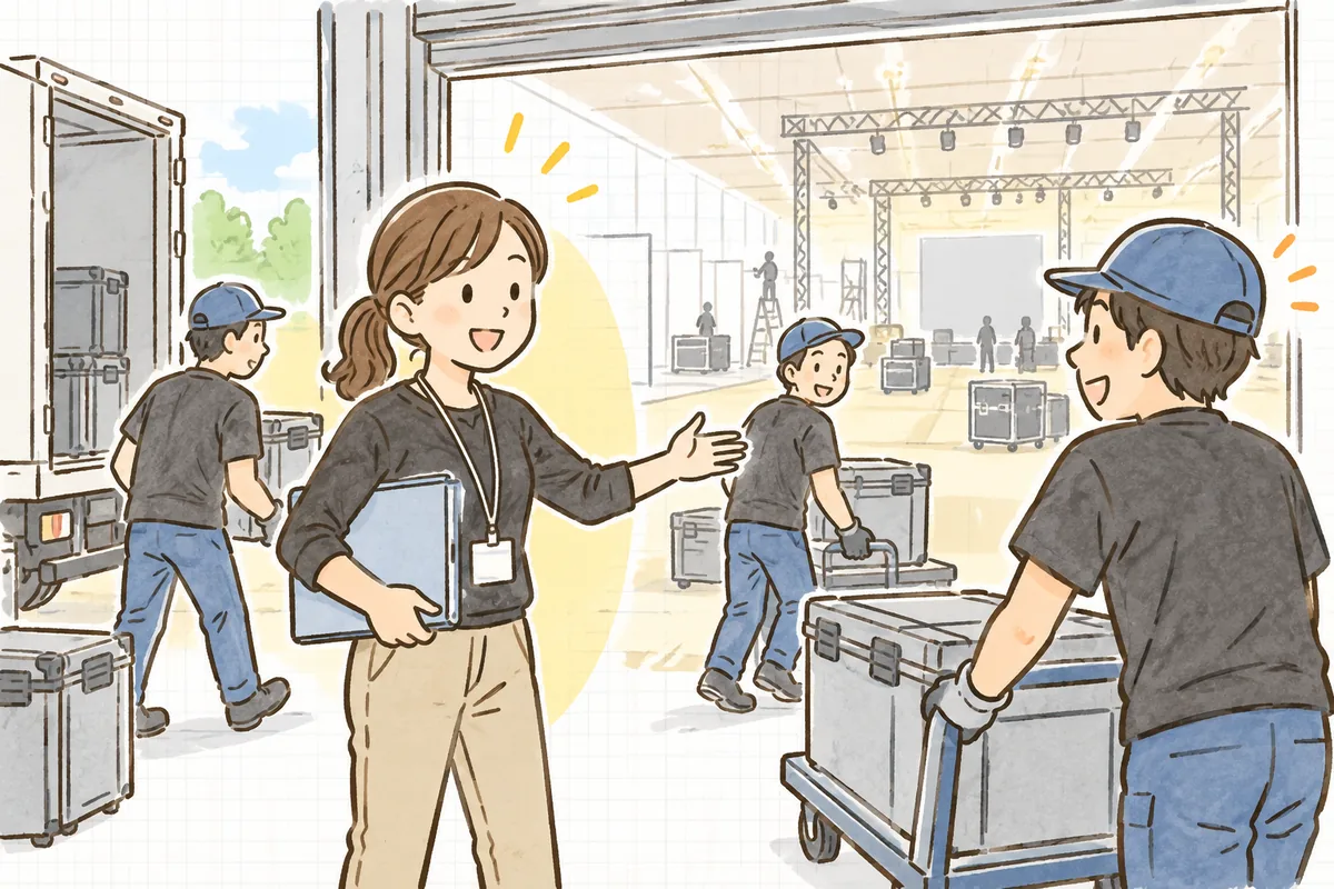 本番当日の朝、明るい搬入口で、制作ディレクターがバインダーを小脇に抱え、備品コンテナを運び込むスタッフに笑顔で声をかけている