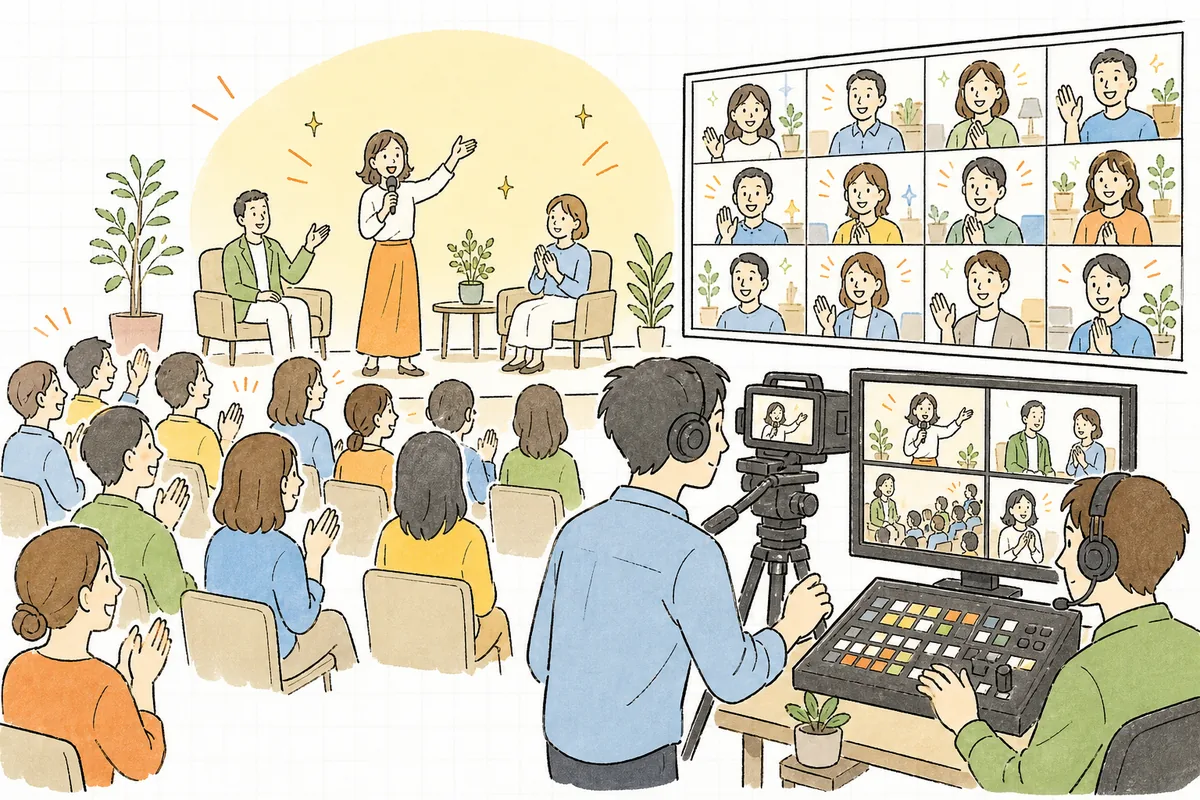 会場の観客と画面越しのオンライン視聴者を同時にもてなすハイブリッドイベントのイメージ
