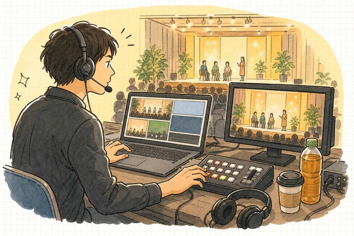 会場後方の配信オペレーション席で、ステージと配信モニターを交互に見比べながら現地とオンラインの両方を気にかけているイベント制作ディレクターの横顔