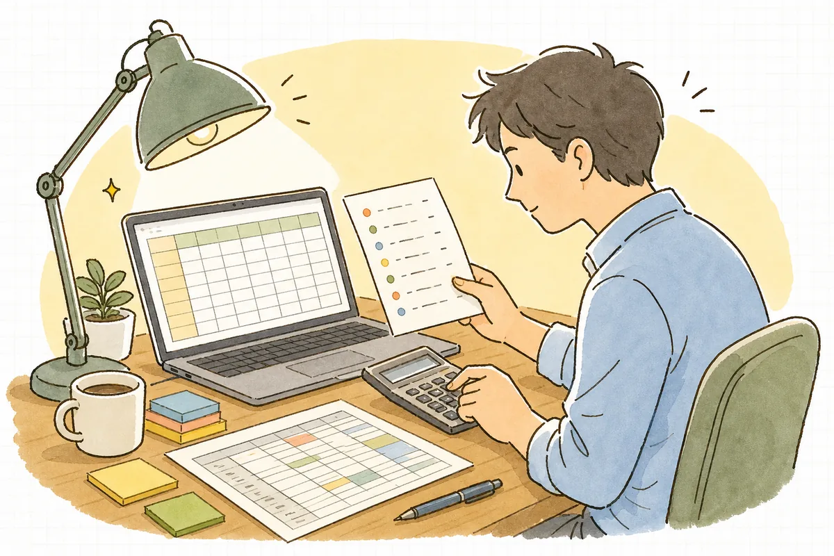スタッフの職種と稼働日数を書き出した手元のメモを見ながら、人件費の積算表を電卓で組んでいるイベント制作ディレクターの横顔と手元
