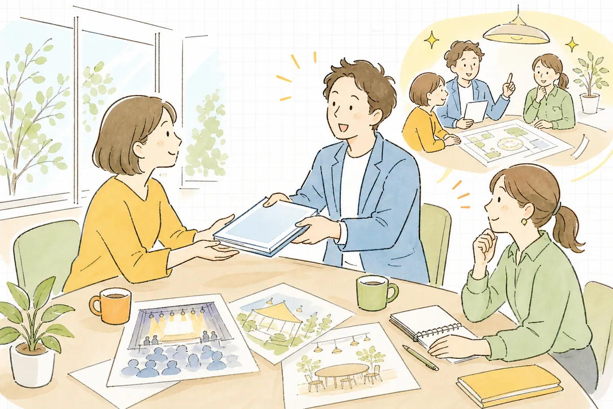 完成した実施報告書をクライアントに手渡し、次の案件の話に穏やかに移っていくイベント制作ディレクター