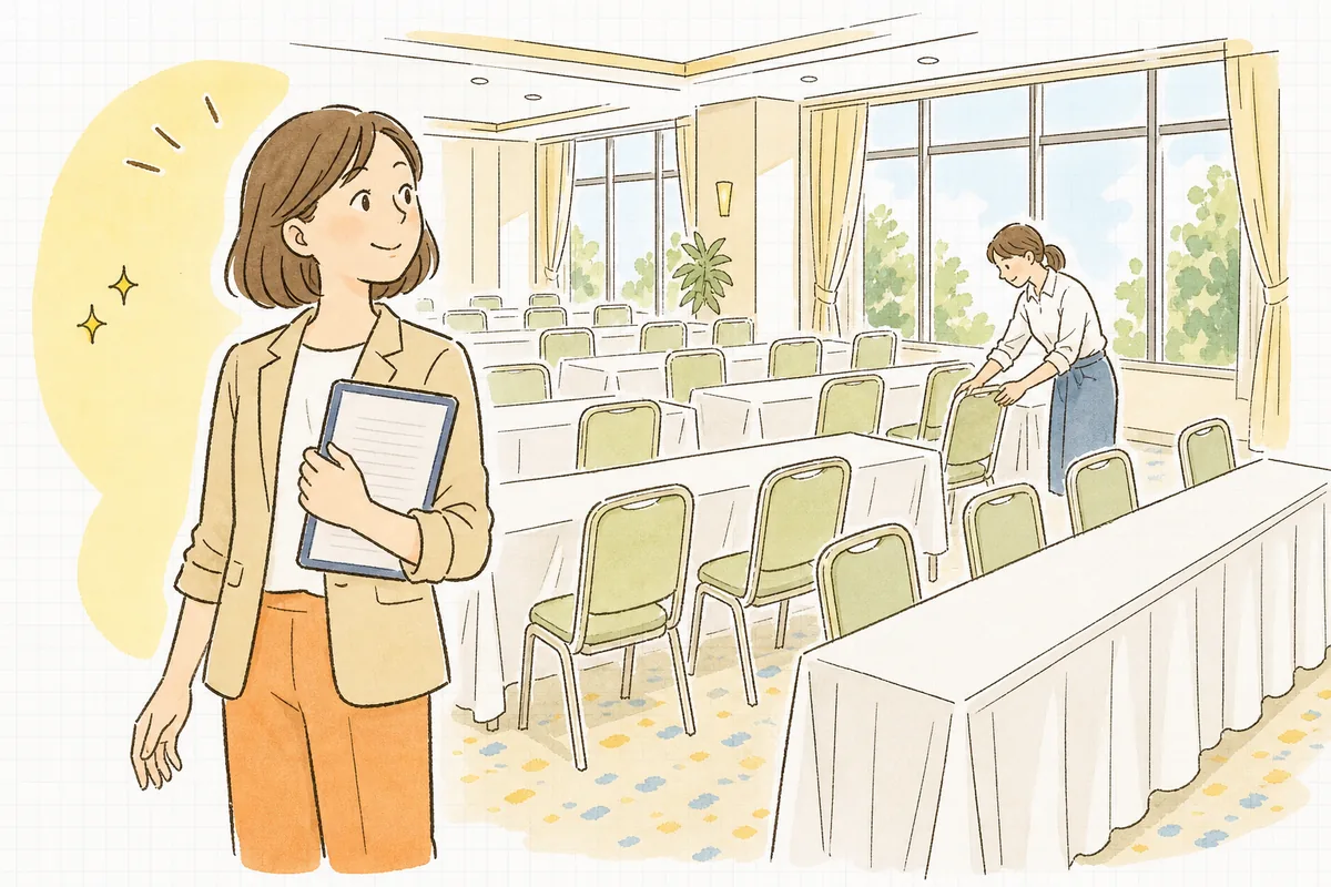 開場前の整ったホールで、きれいに並んだ長机と椅子を見渡しながら、ほっとした表情で立っているイベント制作ディレクターとスタッフ