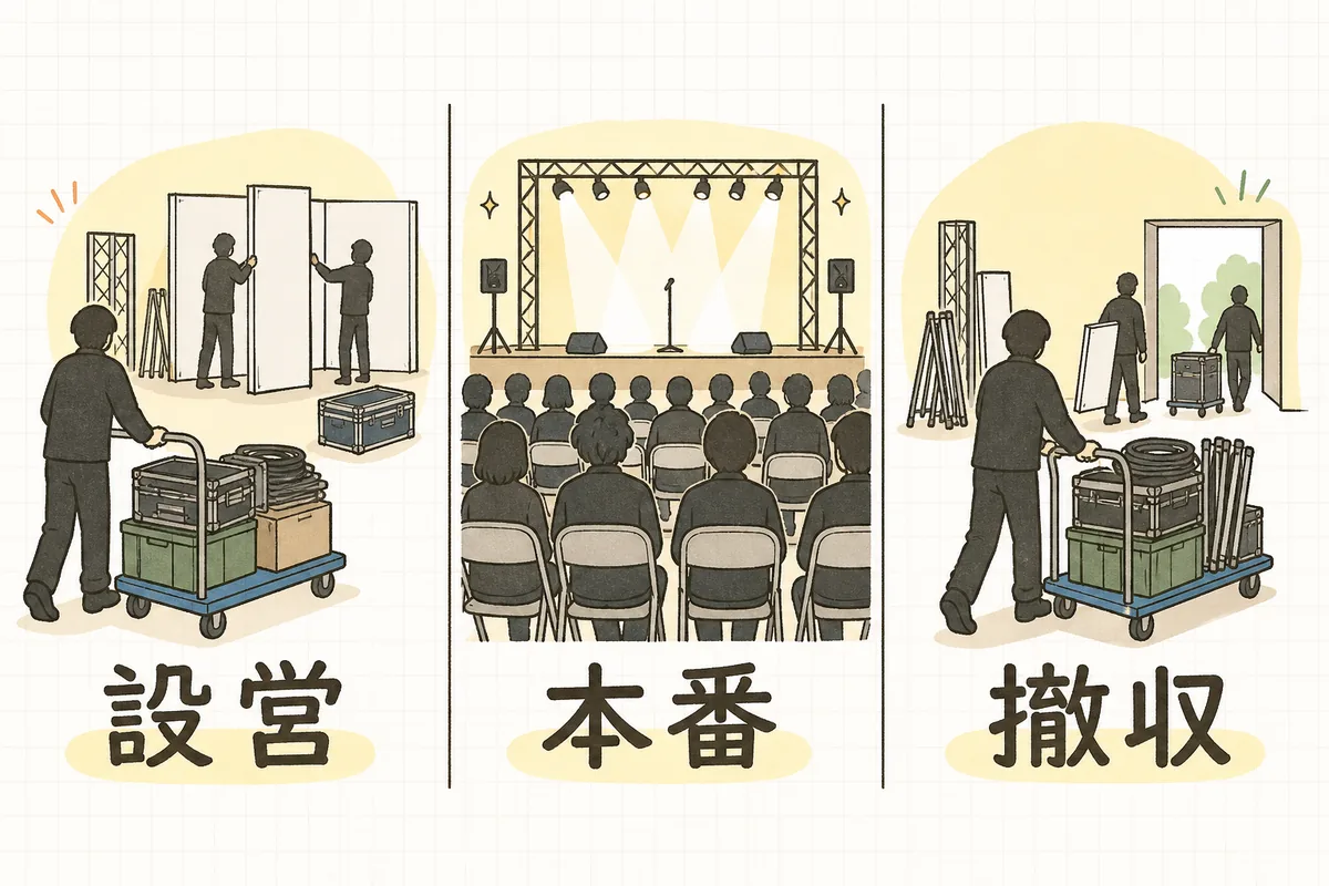 会場を押さえるときに必要な枠を左から順に3場面で示した概念図。左は資材を台車で運び込んで設営している場面、中央はステージで催事が行われている場面、右は機材を片付けて運び出している場面で、それぞれの下に短いラベルが付いている