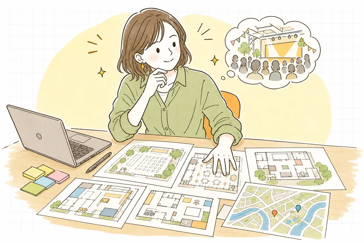 複数の会場候補の資料と地図を机に広げ、条件を見比べながら会場を選ぼうとしているイベント制作ディレクター