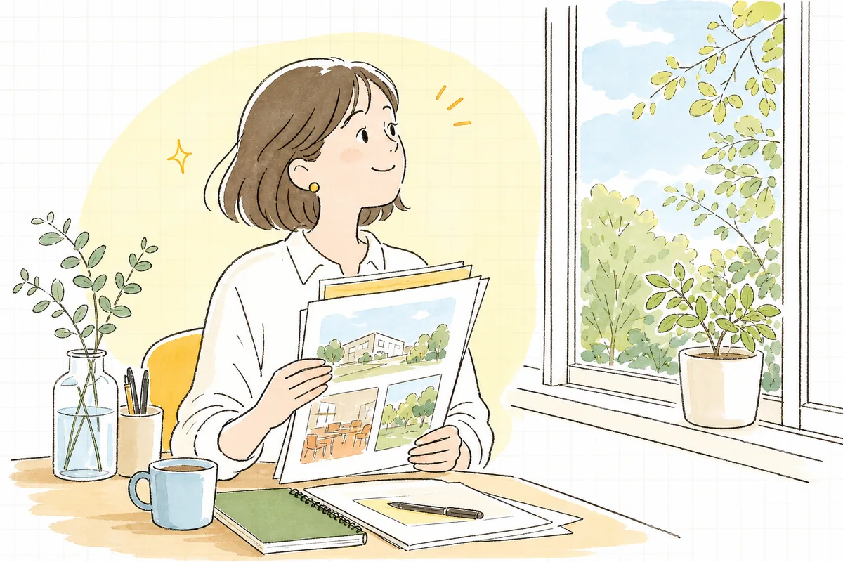 会場が決まり、候補資料をまとめながら当日の光景を思い描いて前を向くイベント制作ディレクターの穏やかな表情