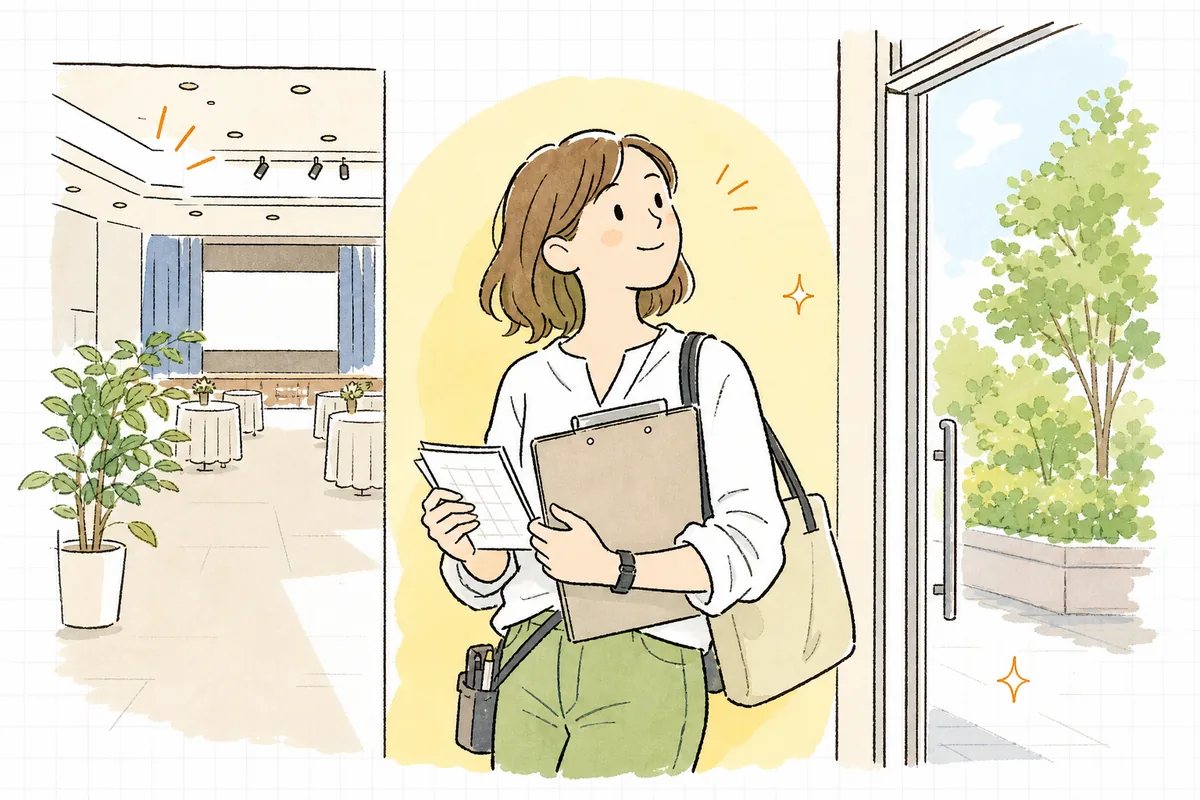 下見を終え、採寸メモと図面を手に当日の段取りを思い描きながら会場を後にする制作ディレクターの穏やかな表情