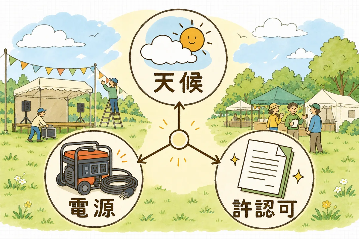 屋外イベントの企画で先に固める三つの不確定要素（天候・電源・許認可）を示した図