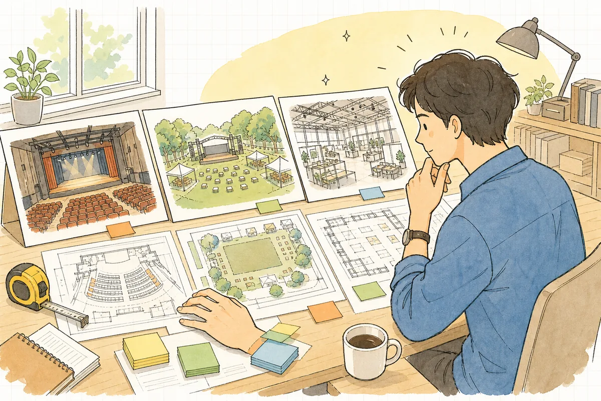 ホール・屋外・展示場の三つの会場図面を机に広げ、それぞれの制約を見比べながら企画を考えるイベント制作ディレクターの手元と横顔