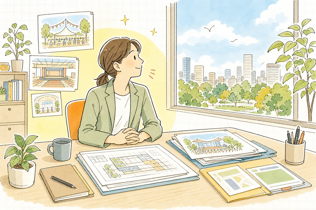 ホール・屋外・展示場それぞれの制約を押さえ切り、自信を持って企画書をまとめ終えたディレクターが窓の外の朝を見て前を向く情景