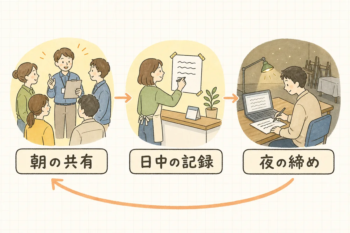 複数日開催イベントの1日を「朝の共有」「日中の記録」「夜の締め」の3つの型で回すことを示した概念図