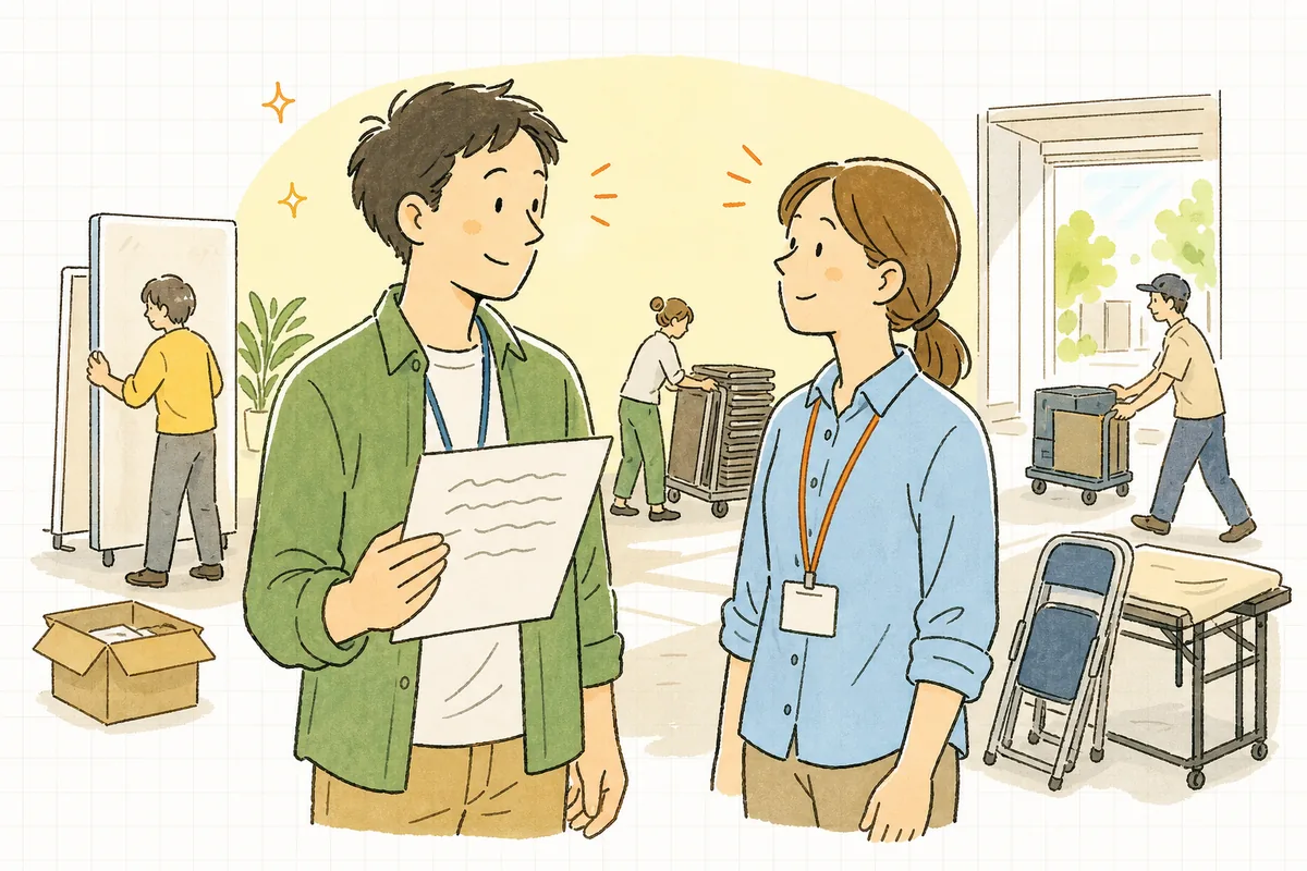 会期最終日の閉場後、片づいていく会場で、書き終えた申し送りの紙を手にスタッフとうなずき合っているイベント制作ディレクター