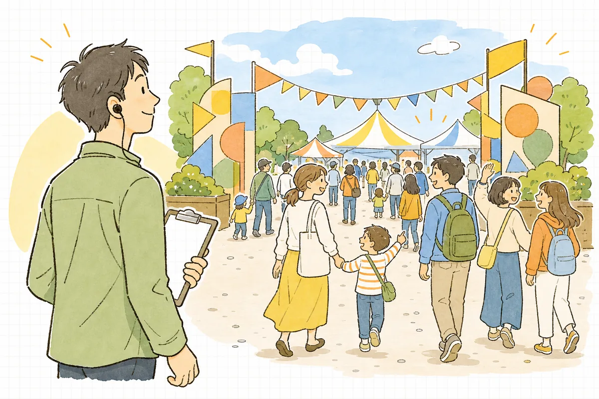 晴れた開催日の朝、会場の入口に来場者が続々と集まってくる様子を、イベント制作ディレクターがほっとした笑顔で見守っている